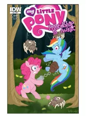 Size: 793x1122 | Tagged: artist:katiecandraw, boxing glove, comic, cover, derpibooru import, gun, idw, issue 2, official, official comic, pinkie pie, rainbow dash, safe, spider