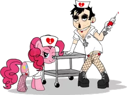 Size: 900x674 | Tagged: safe, artist:dan-and-ponies, derpibooru import, pinkie pie, earth pony, human, pony, crossdressing, dan, dan vs, female, fishnets, looking at you, male, mare, needle, nurse, syringe