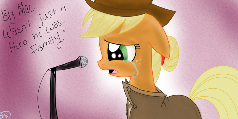 Size: 2000x1000 | Tagged: safe, artist:wubcakeva, derpibooru import, applejack, big macintosh, earth pony, pony, fallout equestria, alternate hairstyle, crying, eulogy, male, ministry mares, stallion