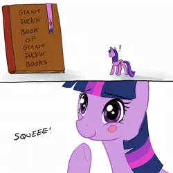 Size: 640x640 | Tagged: artist needed, safe, derpibooru import, twilight sparkle, pony, unicorn, artifact, blush sticker, blushing, book, bookhorse, cute, exclamation point, eyes on the prize, female, frown, giant fucking book of magic and shit, happy, hoof over mouth, impossibly large book, looking at something, mare, simple background, smiling, squee, surprised, that pony sure does love books, twiabetes, underhoof, unicorn twilight, vulgar, white background, wide eyes