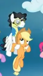 Size: 193x339 | Tagged: safe, derpibooru import, screencap, applejack, mercury, milky way, pinkie pie, starry eyes (character), earth pony, pegasus, pony, wonderbolts academy, cropped, duo focus, female, flying, goggles, lowres, male, mare, rescue, stallion, wonderbolt trainee uniform