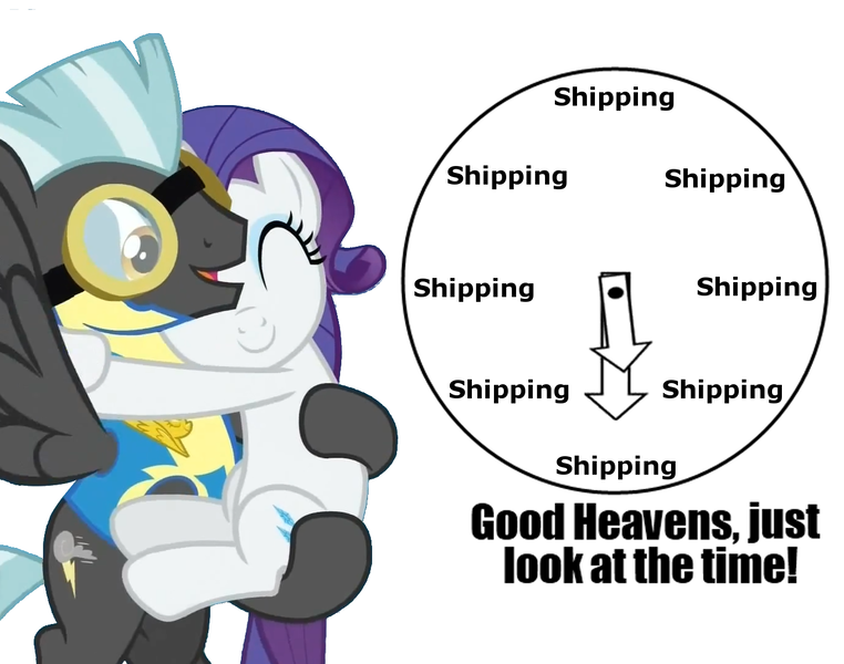 Size: 1372x1080 | Tagged: safe, derpibooru import, rarity, thunderlane, pony, wonderbolts academy, bipedal, eyes closed, female, hug, just look at the time, male, meme, open mouth, rarilane, shipping, smiling, spread wings, straight, wonderbolt trainee uniform