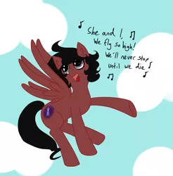 Size: 1351x1371 | Tagged: safe, artist:art-of-the-booky, derpibooru import, oc, unofficial characters only, pegasus, pony, colt, flying, male, singing, sky