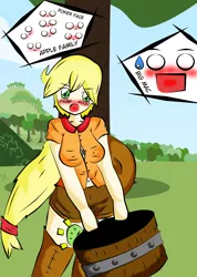 Size: 2193x3081 | Tagged: alternative cutie mark placement, applejack, artist:banchousaito, big macintosh, blushing, breasts, busty applejack, derpibooru import, human, humanized, implied applecest, implied applemac, implied incest, implied shipping, implied straight, inner thigh cutie mark, safe, virginity cutie mark