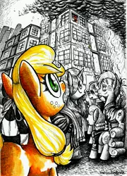 Size: 3512x4880 | Tagged: applejack, artist:smellslikebeer, black and white, crosshatch, crowd, derpibooru import, filly, fire, grayscale, ink, looking up, manehattan, monochrome, oc, partial color, sad, safe, traditional art, younger