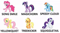 Size: 956x523 | Tagged: applejack, cardboard twilight, derpibooru import, fluttershy, lawyer-friendly names, mane six, nickname, pinkie pie, rainbow dash, rarity, safe, songsmile, speedycloud, squiggletail, stock vector, treekicker, twilight sparkle, yellowquiet, yellow shy