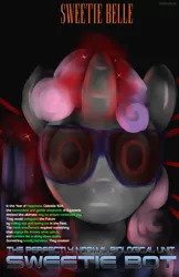 Size: 3300x5100 | Tagged: safe, artist:shiki01, derpibooru import, sweetie belle, pony, robot, unicorn, friendship is witchcraft, female, filly, foal, glowing horn, horn, looking at you, magic, parody, poster, solo, sweetie bot, terminator, text
