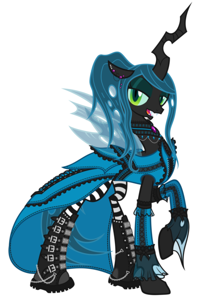 Size: 4269x6210 | Tagged: absurd resolution, artist:gabriev666, bedroom eyes, boots, choker, clothes, dress, ear piercing, female, goth, gothic, looking at you, metal, open mouth, queen chrysalis, raised hoof, safe, simple background, smiling, socks, striped socks, transparent background