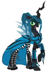 Size: 4269x6210 | Tagged: absurd resolution, artist:gabriev666, bedroom eyes, boots, choker, clothes, dress, ear piercing, female, goth, gothic, looking at you, metal, open mouth, queen chrysalis, raised hoof, safe, simple background, smiling, socks, striped socks, transparent background