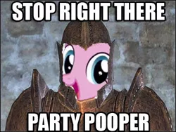 Size: 370x278 | Tagged: safe, derpibooru import, edit, pinkie pie, pony, oblivion, party pooper, stop right there criminal scum, the elder scrolls