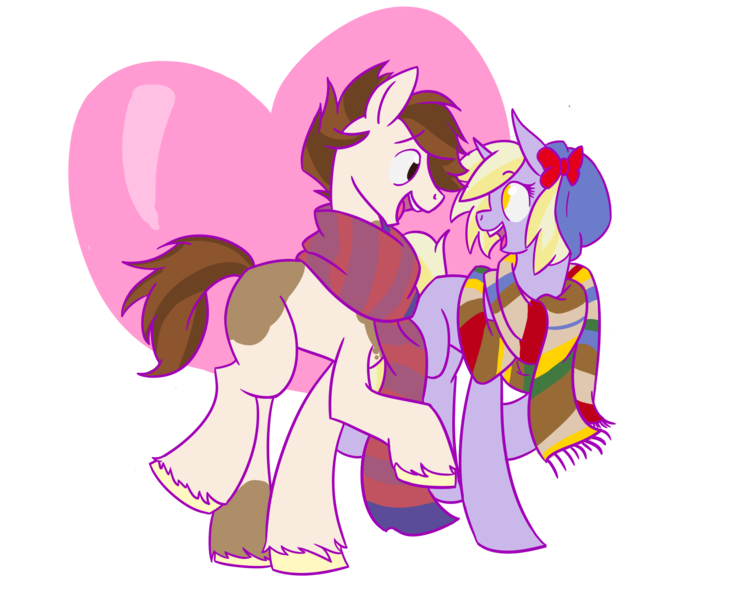 Size: 1900x1550 | Tagged: safe, artist:augustraes, derpibooru import, dinky hooves, pipsqueak, earth pony, pony, unicorn, clothes, dinkysqueak, female, fourth doctor's scarf, hat, male, older, scarf, shipping, straight