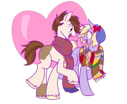 Size: 1900x1550 | Tagged: safe, artist:augustraes, derpibooru import, dinky hooves, pipsqueak, earth pony, pony, unicorn, clothes, dinkysqueak, female, fourth doctor's scarf, hat, male, older, scarf, shipping, straight