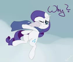 Size: 940x801 | Tagged: dead source, safe, artist:spaerk, derpibooru import, rarity, pony, unicorn, clothes, crying, dialogue, female, mare, scarf, snow, snowball, solo, tears of pain, teary eyes