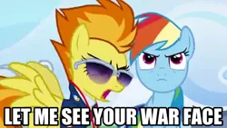 Size: 640x360 | Tagged: safe, derpibooru import, edit, edited screencap, screencap, rainbow dash, spitfire, pony, wonderbolts academy, full metal jacket, gunnery sergeant hartman, image macro, let me see your war face, meme, sunglasses, war face