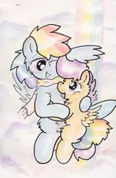 Size: 734x1127 | Tagged: safe, artist:slightlyshade, derpibooru import, rainbow dash, scootaloo, clothes, female, lesbian, scarf, scootadash, scootalove, shipping, traditional art