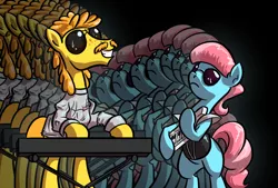 Size: 1220x826 | Tagged: dead source, safe, artist:derkrazykraut, derpibooru import, carrot cake, cup cake, earth pony, pony, 70s, band, duo, elektronik supersonik, keyboard, keytar, musical instrument, sunglasses, synthesizer, zlad