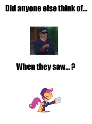 Size: 742x1002 | Tagged: comparison, derpibooru import, george carlin, mr.conductor, safe, scootaconductor, scootagram, scootaloo, shining time station, thomas the tank engine