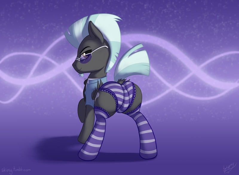 Size: 2500x1833 | Tagged: questionable, artist:skipsy, derpibooru import, thunderlane, pegasus, pony, clothes, crossdressing, crotch bulge, male, panties, plot, socks, solo, solo male, stallion, striped socks, striped underwear, sunglasses, underwear