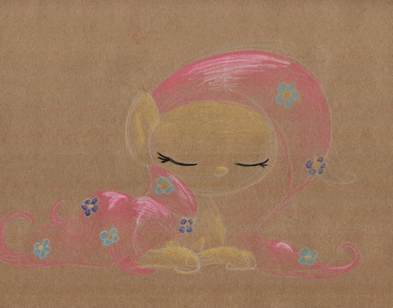 Size: 1143x896 | Tagged: artist:getchanoodlewet, derpibooru import, eyes closed, flower, flower in hair, fluttershy, prone, safe, traditional art