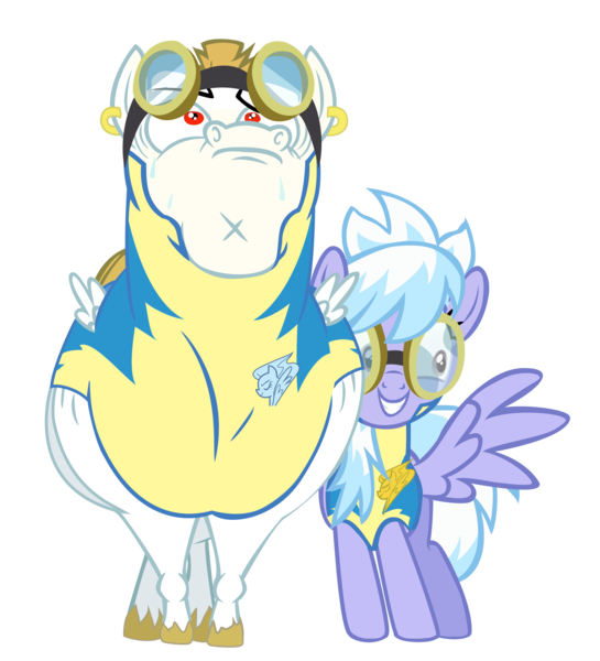 Size: 2000x2200 | Tagged: safe, artist:treez123, derpibooru import, bulk biceps, cloudchaser, roid rage, pegasus, pony, wonderbolts academy, background pony, clothes, cloudrage, duo, ear piercing, earring, female, goggles, jewelry, lead pony badge, male, mare, nervous, piercing, simple background, stallion, transparent background, uniform, vector, wingpony badge, wonderbolt trainee uniform