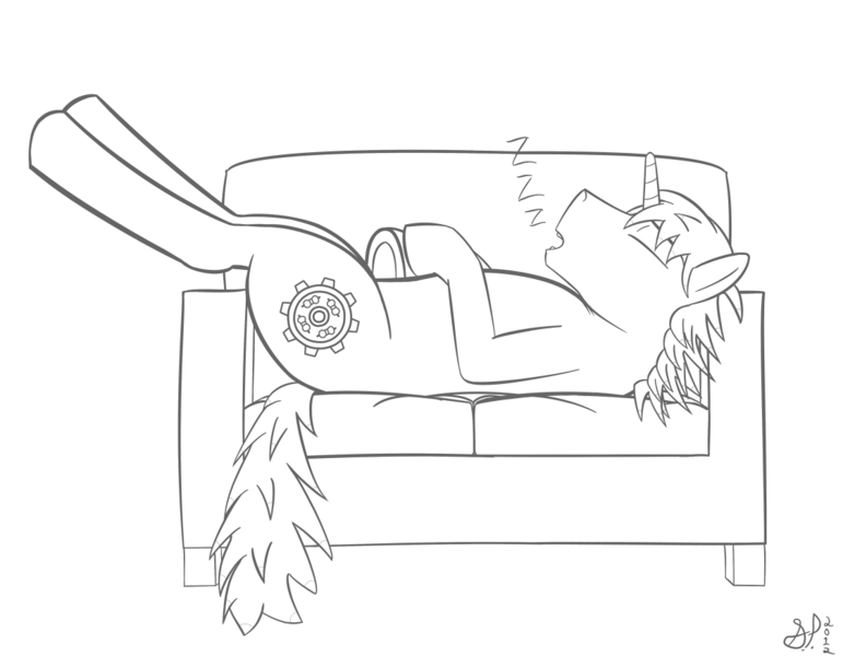 Size: 1125x875 | Tagged: artist:widjetarcs, couch, derpibooru import, monochrome, oc, oc:widjet, safe, sleeping, solo, unofficial characters only, zzz