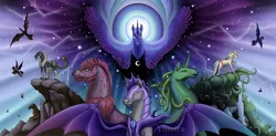 Size: 1024x502 | Tagged: safe, artist:yiuokami, derpibooru import, princess luna, oc, alicorn, bat pony, gorgon, medusa, pony, unicorn, armor, female, lightning, male, mare, night, night guard, spread wings, stallion, wings