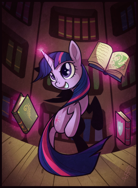 Size: 734x1000 | Tagged: safe, artist:thenecrobalam, derpibooru import, twilight sparkle, pony, unicorn, book, bookshelf, female, grin, magic, mare, rearing, smiling, solo, telekinesis, unicorn twilight