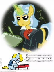 Size: 803x1067 | Tagged: safe, artist:joseph karl stieler, artist:kturtle, derpibooru import, ponified, earth pony, pony, unicorn, clothes, frown, glare, levitation, looking down, ludwig van beethoven, magic, male, music, music notes, ode to joy, peanuts, piano, schroeder, serious, serious face, simple background, sitting, stallion, telekinesis, white background