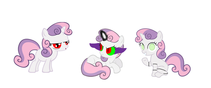 Size: 2584x1080 | Tagged: safe, derpibooru import, sweetie belle, pony, robot, unicorn, fanfic, friendship is witchcraft, mentally advanced series, corrupted, dark magic, fanfic art, female, filly, foal, hooves, horn, open mouth, simple background, sitting, smiling, sombra eyes, standing, sweetie bot, teeth, thrackerzod, white background