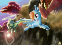 Size: 2333x1696 | Tagged: artist:virus-91, derpibooru import, flying, ghastly gorge, quarray eel, rainbow dash, safe, tank