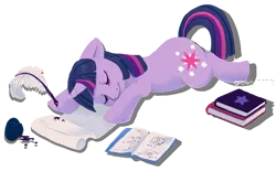 Size: 700x433 | Tagged: safe, artist:growlylobita, derpibooru import, twilight sparkle, pony, unicorn, book, eyes closed, female, ink, inkwell, mare, prone, quill, scroll, sleeping, smiling, solo, unicorn twilight