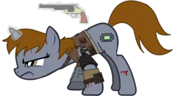 Size: 900x492 | Tagged: safe, artist:slowlearner46, derpibooru import, oc, oc:littlepip, unofficial characters only, pony, unicorn, fallout equestria, fanfic, blood, cutie mark, fallout, fanfic art, female, glowing horn, gun, handgun, hooves, horn, levitation, little macintosh, magic, mare, pipbuck, raider, revolver, simple background, solo, telekinesis, transparent background, weapon