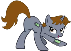 Size: 5863x4247 | Tagged: safe, artist:slowlearner46, derpibooru import, oc, oc:littlepip, unofficial characters only, pony, unicorn, fallout equestria, fanfic, absurd resolution, face down ass up, fallout, fanfic art, female, hooves, horn, looking at you, looking back, looking back at you, mare, open mouth, pipbuck, plot, simple background, solo, transparent background