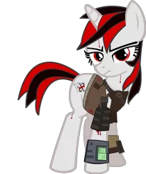 Size: 819x975 | Tagged: safe, artist:slowlearner46, derpibooru import, oc, oc:blackjack, unofficial characters only, pony, unicorn, fallout equestria, fallout equestria: project horizons, fanfic, blood, fanfic art, female, hooves, horn, mare, pipbuck, raider, simple background, solo, transparent background, vector