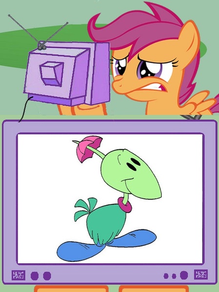 Size: 563x752 | Tagged: safe, derpibooru import, scootaloo, pony, exploitable meme, gogo dodo, meme, scootadodo, tiny toon adventures, tv meme