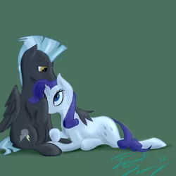 Size: 2000x2000 | Tagged: artist:farewelldecency, derpibooru import, female, male, rarilane, rarity, safe, shipping, snuggling, straight, thunderlane, winghug