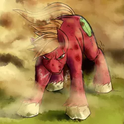 Size: 945x945 | Tagged: safe, artist:explosivegent, artist:megasweet, derpibooru import, big macintosh, earth pony, pony, action pose, angry, badass, injured, male, snorting, stallion, sweat, windswept mane