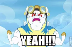 Size: 350x232 | Tagged: safe, derpibooru import, edit, edited screencap, screencap, bulk biceps, roid rage, pegasus, pony, wonderbolts academy, clothes, ear piercing, earring, goggles, image macro, jewelry, male, meme, muscles, piercing, stallion, uniform, wonderbolt trainee uniform, yeah