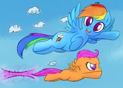 Size: 1928x1389 | Tagged: artist:creamygravy, derpibooru import, flying, rainbow dash, safe, scootaloo, scootaloo can fly, sonic scootaboom