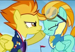 Size: 500x347 | Tagged: boop, derpibooru import, frown, glare, goggles, lightning dust, nose wrinkle, out of context, safe, screencap, scrunchy face, spitfire, standing, wonderbolts academy, wonderbolt trainee uniform