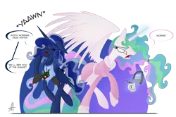 Size: 3000x1992 | Tagged: safe, artist:ardas91, derpibooru import, princess celestia, princess luna, alicorn, bat, pony, abstract background, bed mane, coffee, coffee mug, dialogue, duo, eyes closed, female, floppy ears, mare, morning ponies, mug, open mouth, plushie, royal sisters, speech bubble