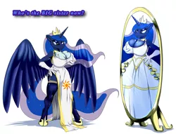 Size: 1645x1260 | Tagged: anthro, armpits, artist:da-goddamn-batguy, breasts, busty princess luna, clothes, derpibooru import, dress, evening gloves, female, mirror, pillow, princess luna, silly, solo, solo female, stuffing, suggestive, unguligrade anthro