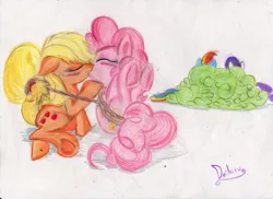 Size: 3501x2550 | Tagged: applejack, applepie, artist:deihiru, female, hogtied, hooves, kissing, lesbian, pinkie pie, rainbow dash, rarity, safe, shipping