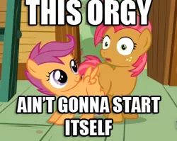 Size: 371x295 | Tagged: babscoot, babs seed, butt bump, butt to butt, butt touch, derpibooru import, image macro, one bad apple, scootaloo, suggestive