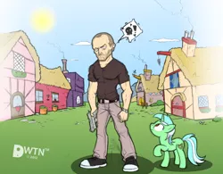 Size: 856x668 | Tagged: artist:dontwaketheneighbour, celebrity brony, crossover, derpibooru import, gun, human, jason statham, lyra heartstrings, pistol, safe