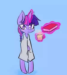 Size: 1000x1111 | Tagged: safe, artist:pyupew, derpibooru import, twilight sparkle, pony, bipedal, book, clothes, coffee, magic, morning ponies, robe, solo