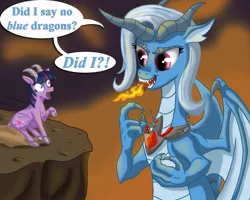 Size: 1200x960 | Tagged: alicorn amulet, artist:starbat, crossover, derpibooru import, dialogue, dragon, dragonified, fire, fire breath, goat, goatified, open mouth, parody, safe, species swap, the sword in the stone, trixie, twigoat, twilight sparkle, wide eyes