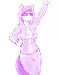 Size: 538x689 | Tagged: anthro, artist:drbdnv, breasts, busty octavia, clothes, derpibooru import, female, happy, hoodie, monochrome, octavia melody, safe, sketch, solo, sunglasses