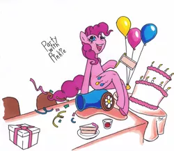 Size: 2892x2512 | Tagged: safe, artist:thefimp, derpibooru import, pinkie pie, semi-anthro, balloon, cake, confetti, food, party cannon, solo