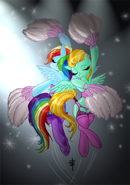 Size: 422x600 | Tagged: suggestive, artist:tt-n, derpibooru import, lightning dust, rainbow dash, pegasus, pony, 30 minute art challenge, burlesque, clothes, dancing, fan dance, feather fans, female, hooves, lingerie, mare, panties, pink underwear, smiling, underwear